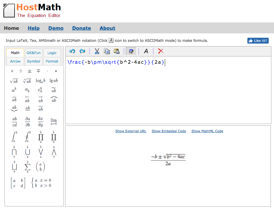 display with equation symbols on the left, an equation preview window at the bottom, and a string of LaTex characters at the top