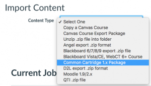image of the "content type" dropdown in Canvas's "Import Content" area. The "Common Cartridge 1.x package" option is selected.