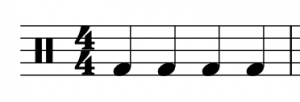 A percussion clef, 4/4 time signature, and four quarter notes on a staff