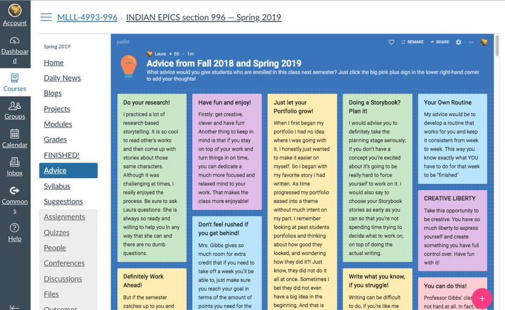 Padlet embedded into a Canvas page and filled with snippets of advice from students to other students