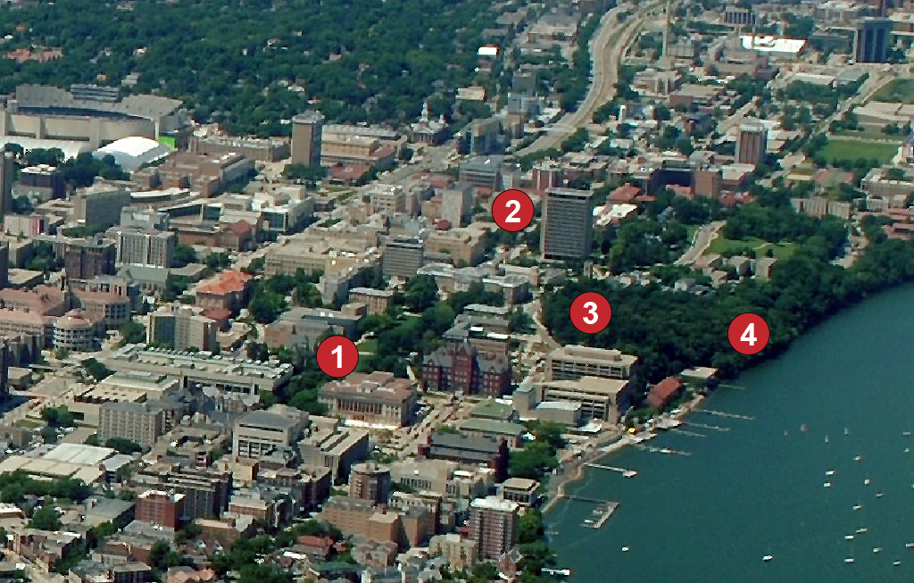 image of Wisconsin isthmus with numbers added over Bascom hill, Van Hise, Observatory Hill, and the Lakeshore Path