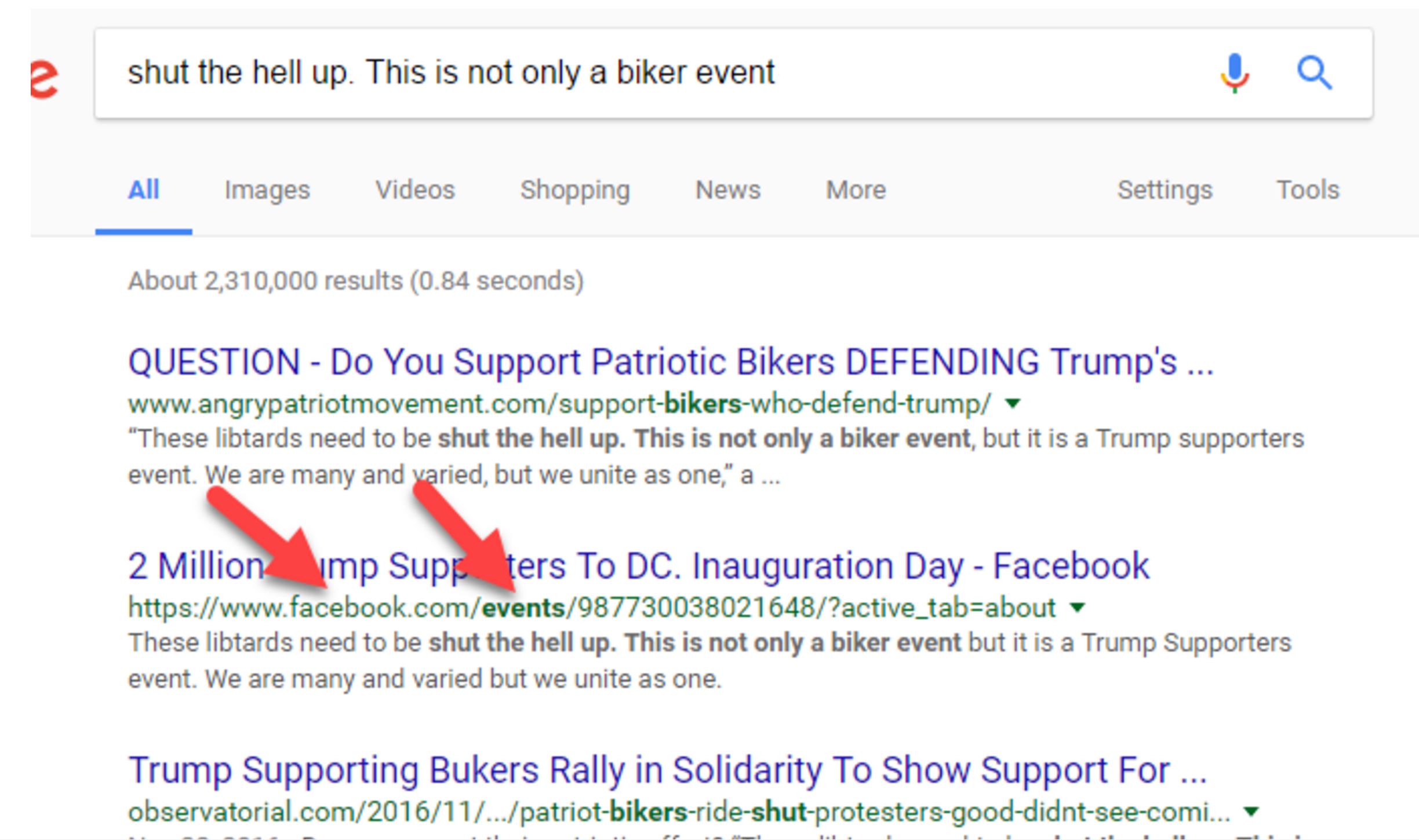 Screenshot with arrows that point to the second Google result.