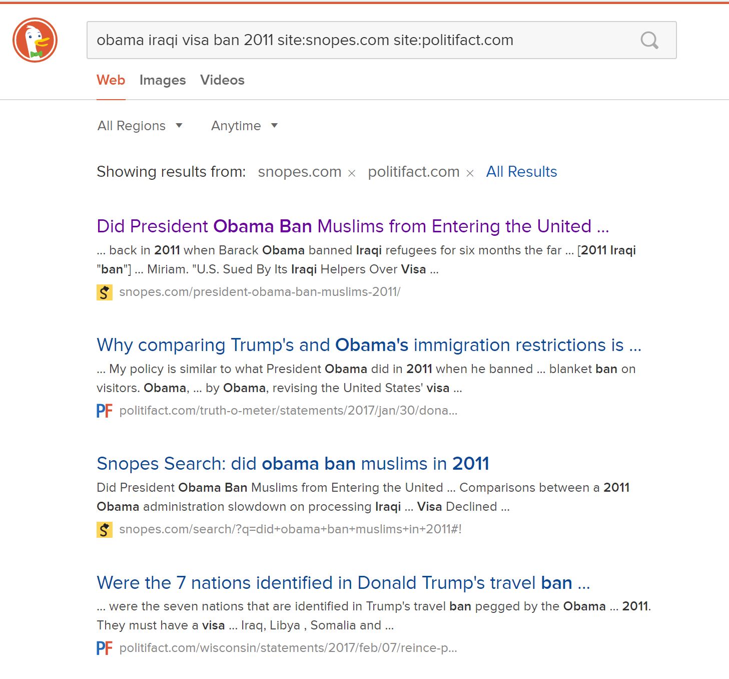 Screenshot of DuckDuckGo search results. The top results are from fact-checking sites Snopes and Politifact.