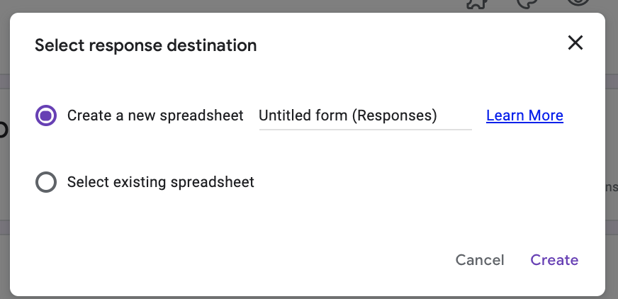 options are "select response destination" or "select existing spreadsheet"