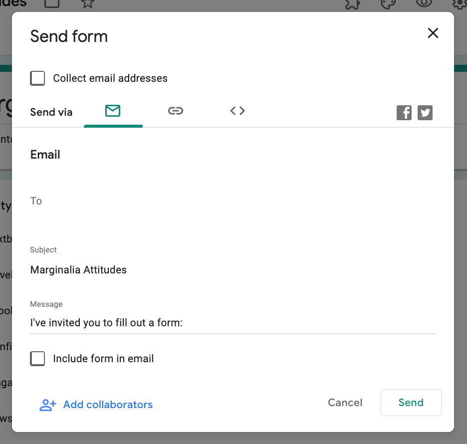 Google Forms "Send Form" screen